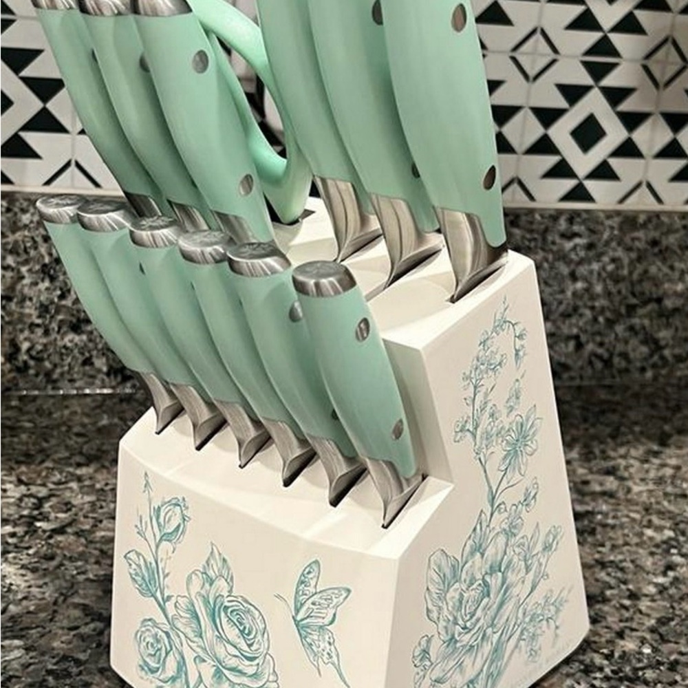 The Pioneer Woman Teal Knife Set with Floral Block